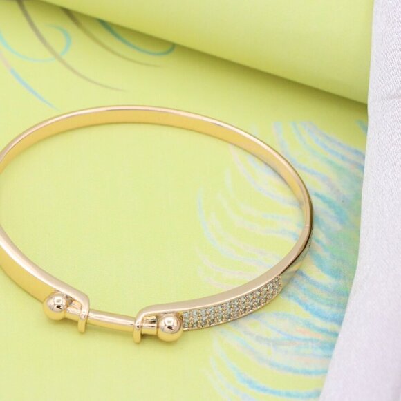 Rose Gold Bangle with Ball-End Design and Crystal Pavé Accent, XPBL0566 - Picture 2 of 12